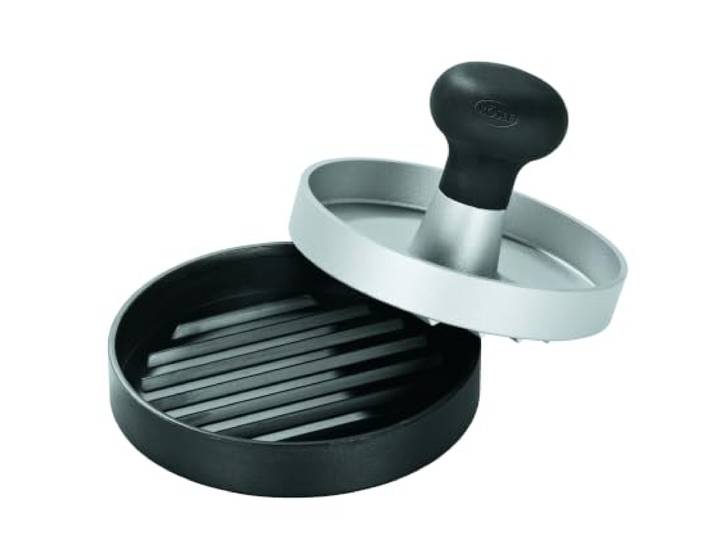 RÖSLE Burgerpresse, Hochwertige Fleischpresse zum einfachen Formen von Burgerpatties, ABS, Aluminium, 11 cm, spülmaschinengeeignet Schwarz / Silberfarben