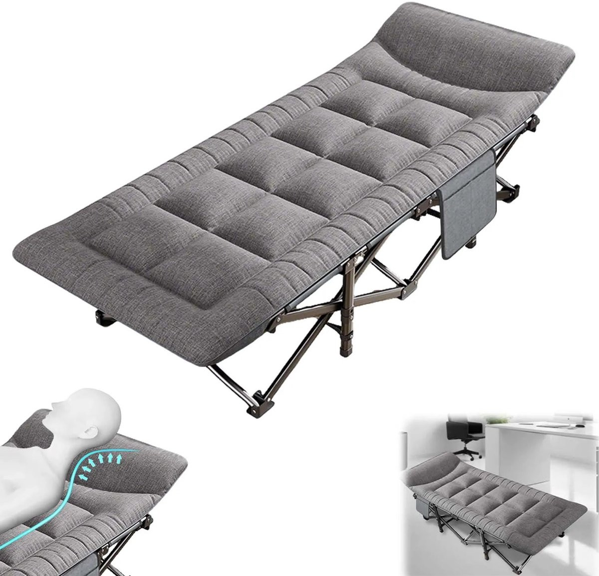 Opklapbaar metalen bed met grijs textiel, zijvakken en elektrisch verstelbare functies voor volwassenen