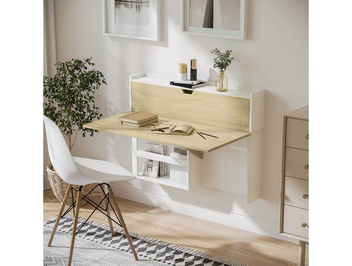 HOMCOM Bureau Mural Pliable avec Rangement Effet Bois Naturel