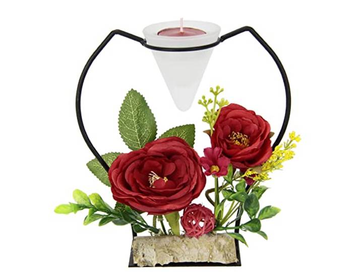 Dekorierter Teelichthalter aus Metall mit Glaseinsatz Teelichtkerze und Kunstblumen Kerzenständer Kerzenhalter Kerzenleuchter Wohnaccessoire Tischdeko Kerzen Advent Ostern Windlicht 3D Ornamente