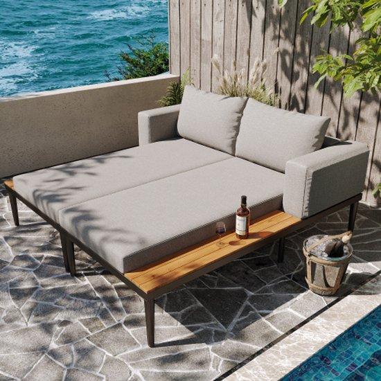 Zweisitzer-Terrassenliege, Wasserdichter Schlafsessel, zweisitziger Lounge-Schlafsessel, multifunktioneller Terrassenliegesessel, zweisitziger Schlafsessel mit Holzplatten, Terrassenliegesessel für den Balkon und die Gartenliege