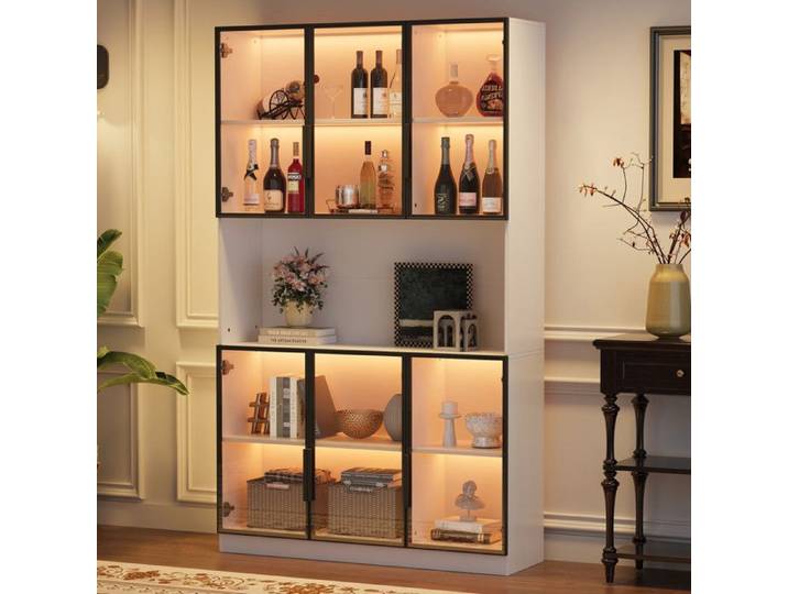 Vitrine Verre avec éclairage LED Bibliothèque Multi-stockage pour Collection Salon Bureau vitrine sur pied avec 6 portes D'armoire