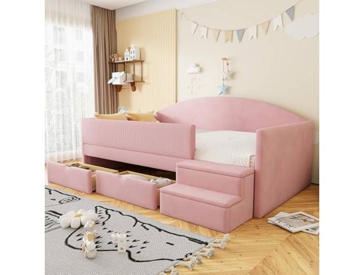 Bellemave Polster-Sofabett 90x190,Kinderbett mit 2 Schubladen & Stufen,Rosa Weicher Samtbezug,robuster Lattenrost,gepolsterter Schutzzaun,rutschfeste Stufen,belastbar bis 200 kg,ohne Matratze
