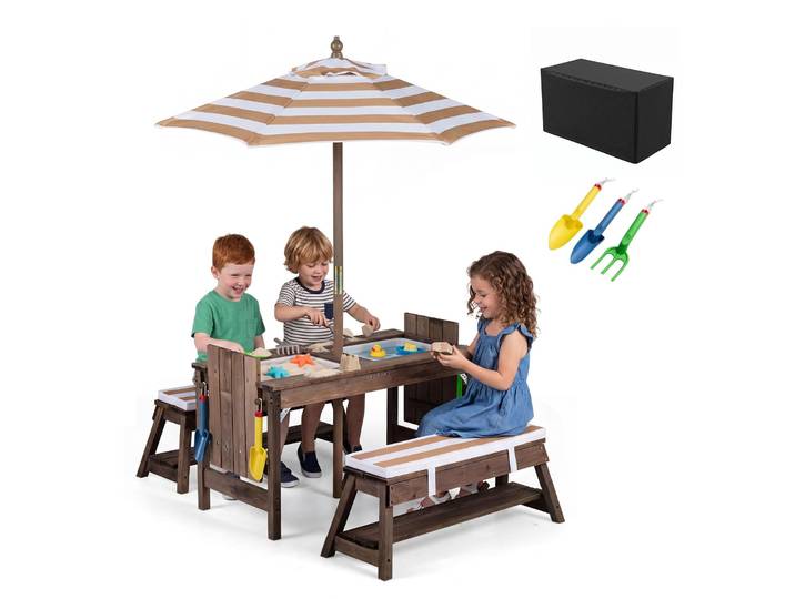 Costway Table De Pique-nique Enfant En Bois Avec Parasol Amovible (marron)