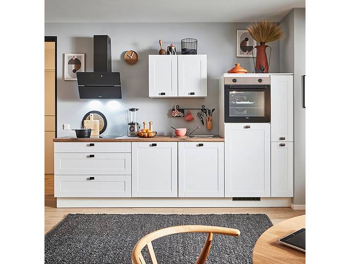 Autarke Küchenzeile Seitenschrank B 310cm Ausrichtung rechts Weiß/Matt Weiß