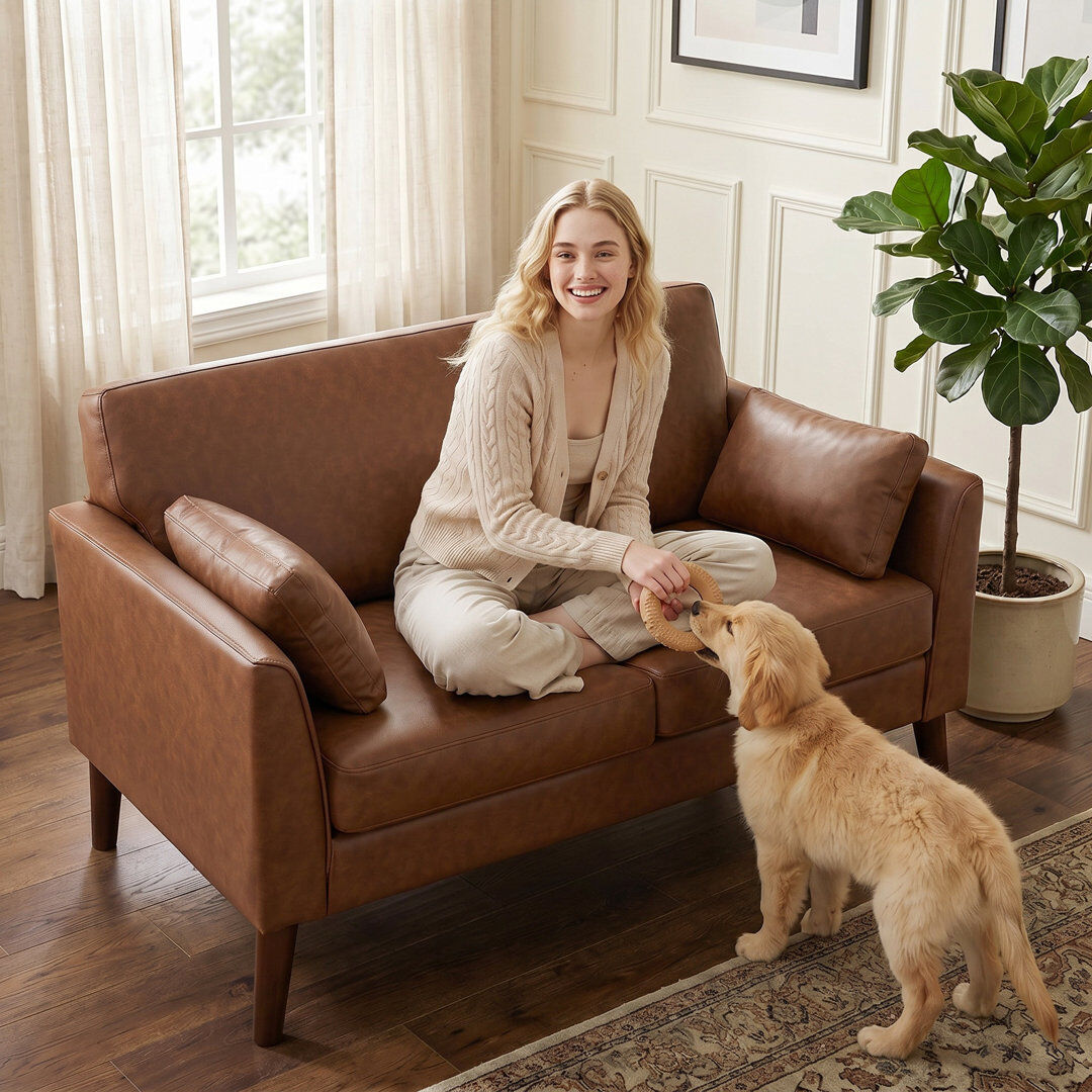 Marlow Home Co. HOMCOM 2 Seater Sofa PU Leather Upholstered for Small Space Brown Faux Leather 79cm H X 132cm W X 74cm D