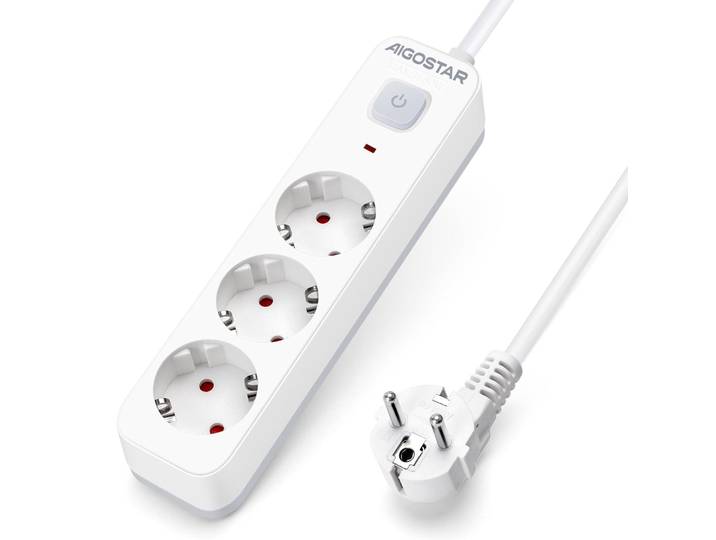 Multiprise Aigostar à 3 prises avec interrupteur\, multiprise avec protection enfant\, distributeur de prises avec câble de 5 mètres – Dimensions : 3 prises\, 0 ports USB\, câble de 5 mètres