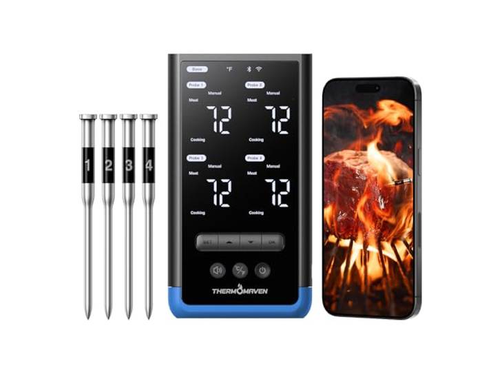 ThermoMaven Smartes Fleischthermometer Kabellose mit Basisstation, Bluetooth & WLAN, 4 Fühler, 6 Sensoren, NIST-zertifiziert, große, stabile WLAN-Reichweite, für Smoker, Backofen & BBQ, Elektroblau