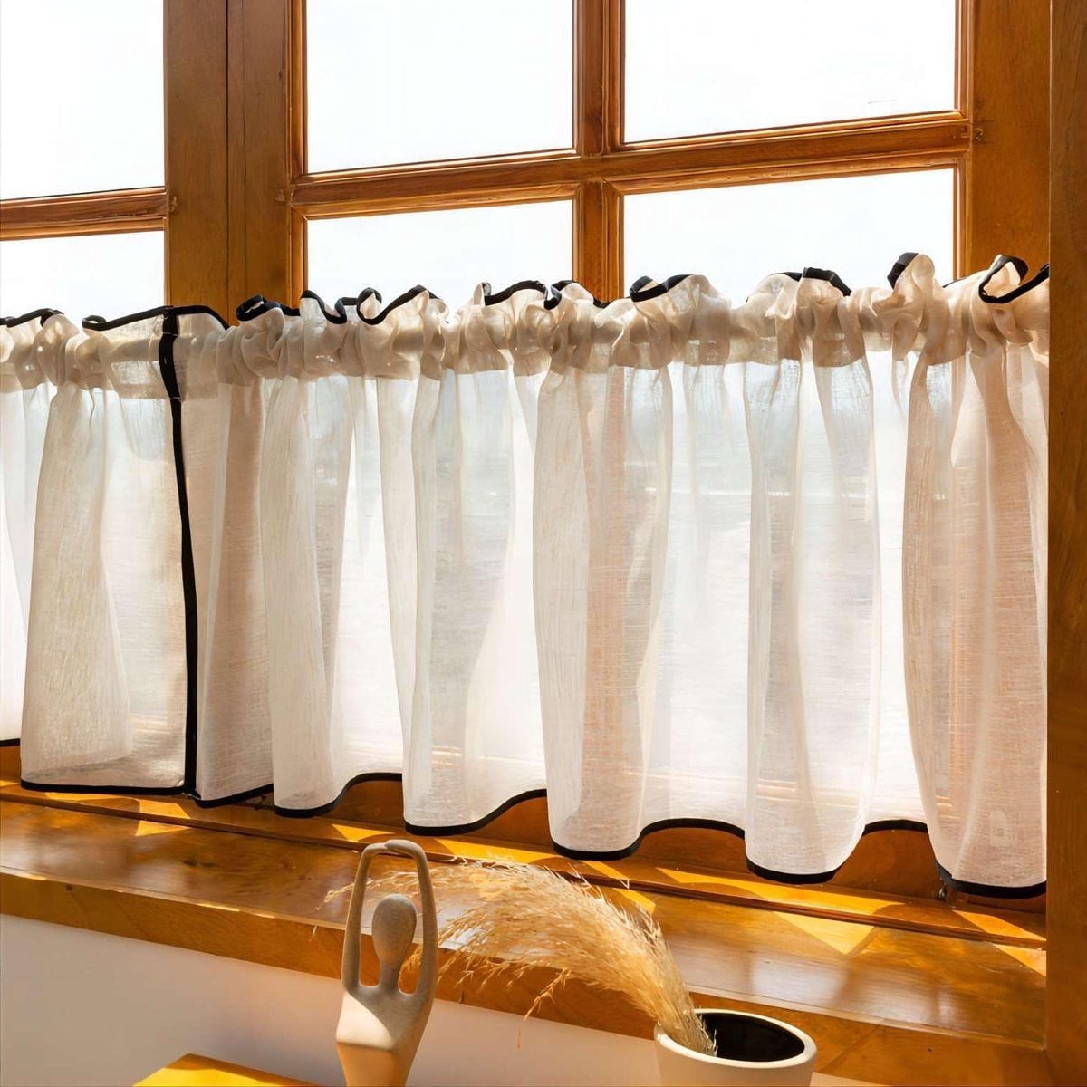 Halfgordijn Linnenlook Beige met Zwarte Rand - Kort Vitrage Raamgordijn - B: 45 cm, H: 150 cm