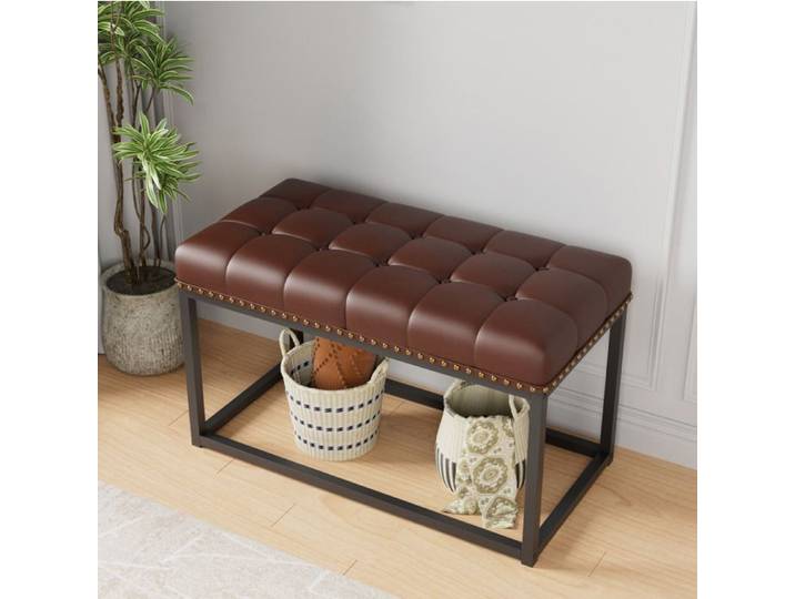 Banc Rembourré Vintage Capitonné 90 cm - TCQPZ - Structure en Métal Renforcée en Bois et Simili Cuir Noir et Marron