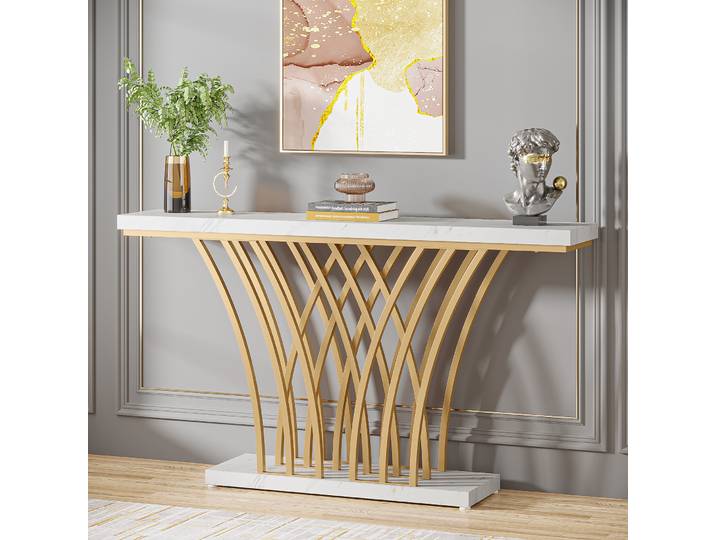 Tribesigns Table console dorée de 150 cm, table d'entrée moderne avec base en métal en forme de grille pour entrée, couloir, entrée