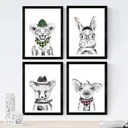 POSTER Set mit 4 „Tieren mit Rosa und Grün Accessoires A3 Schwarzer Rahmen