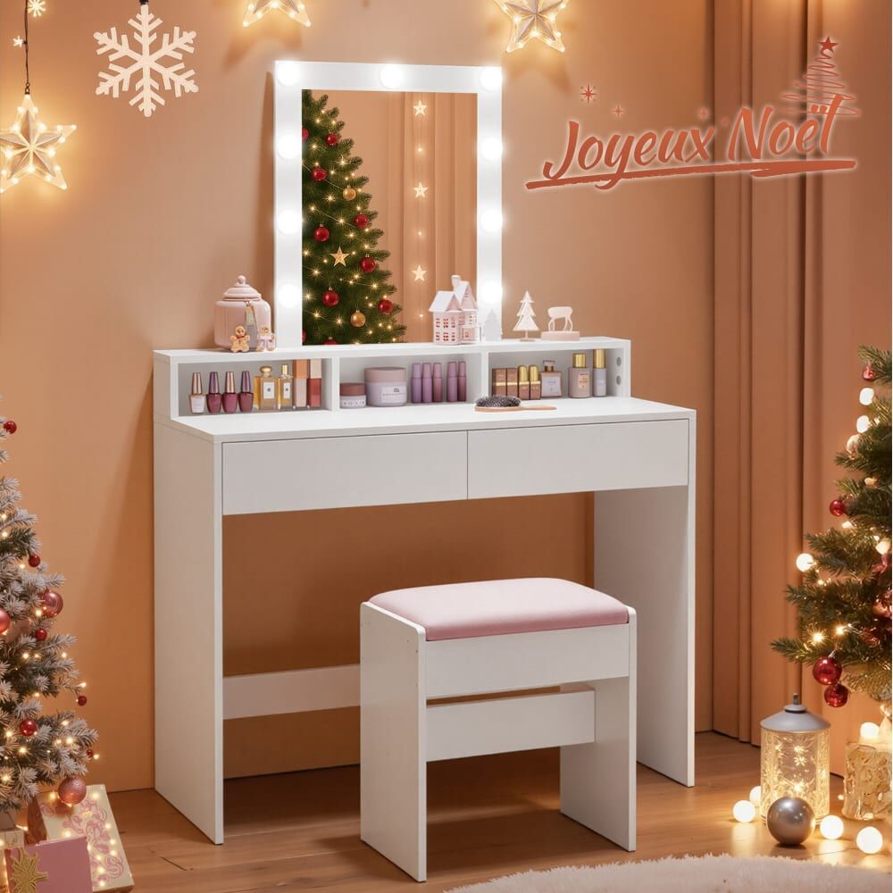 VASAGLE Coiffeuse miroir 2 tiroirs et 3 compartiments l 100 cm blanc Blanc 100x145x40cm