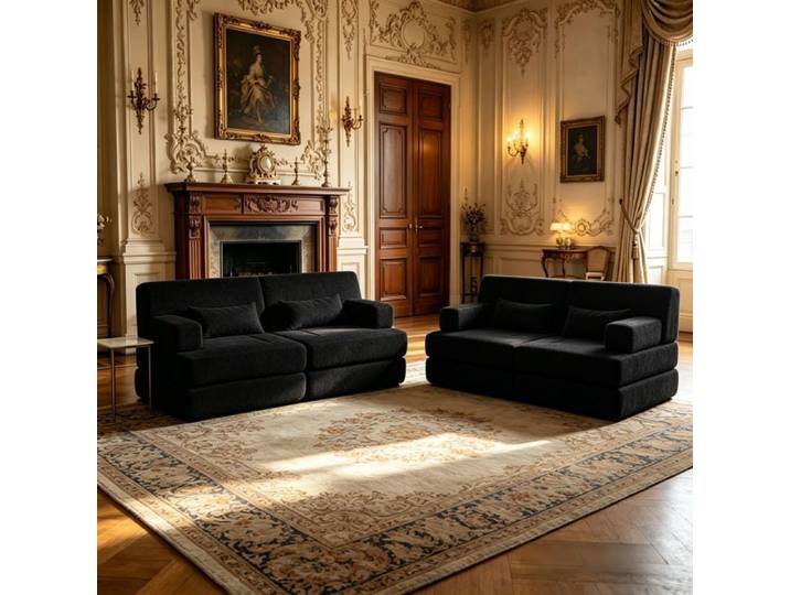 Canapé Lit Convertible 4 Places en Chenille Canapé 2 en 1 Pliable avec Lit d'Appoint Noir