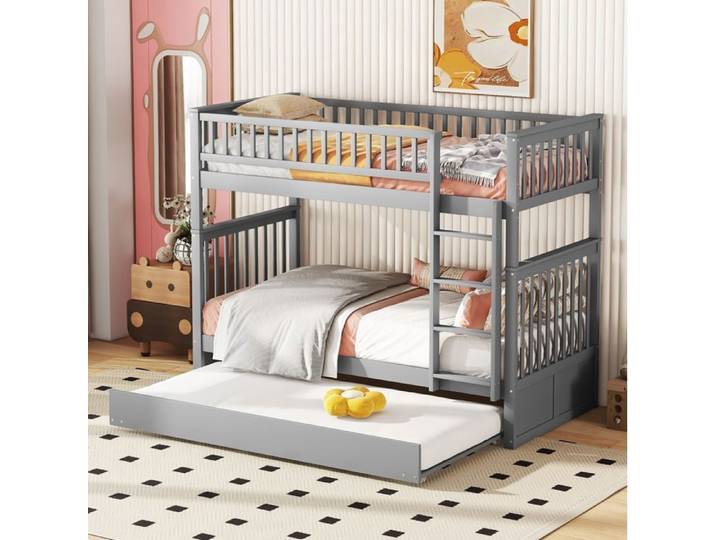 MEULVA Lit superposé 90x200 cm avec lit gigogne 90x190 cm échelle en pin et MDF gris