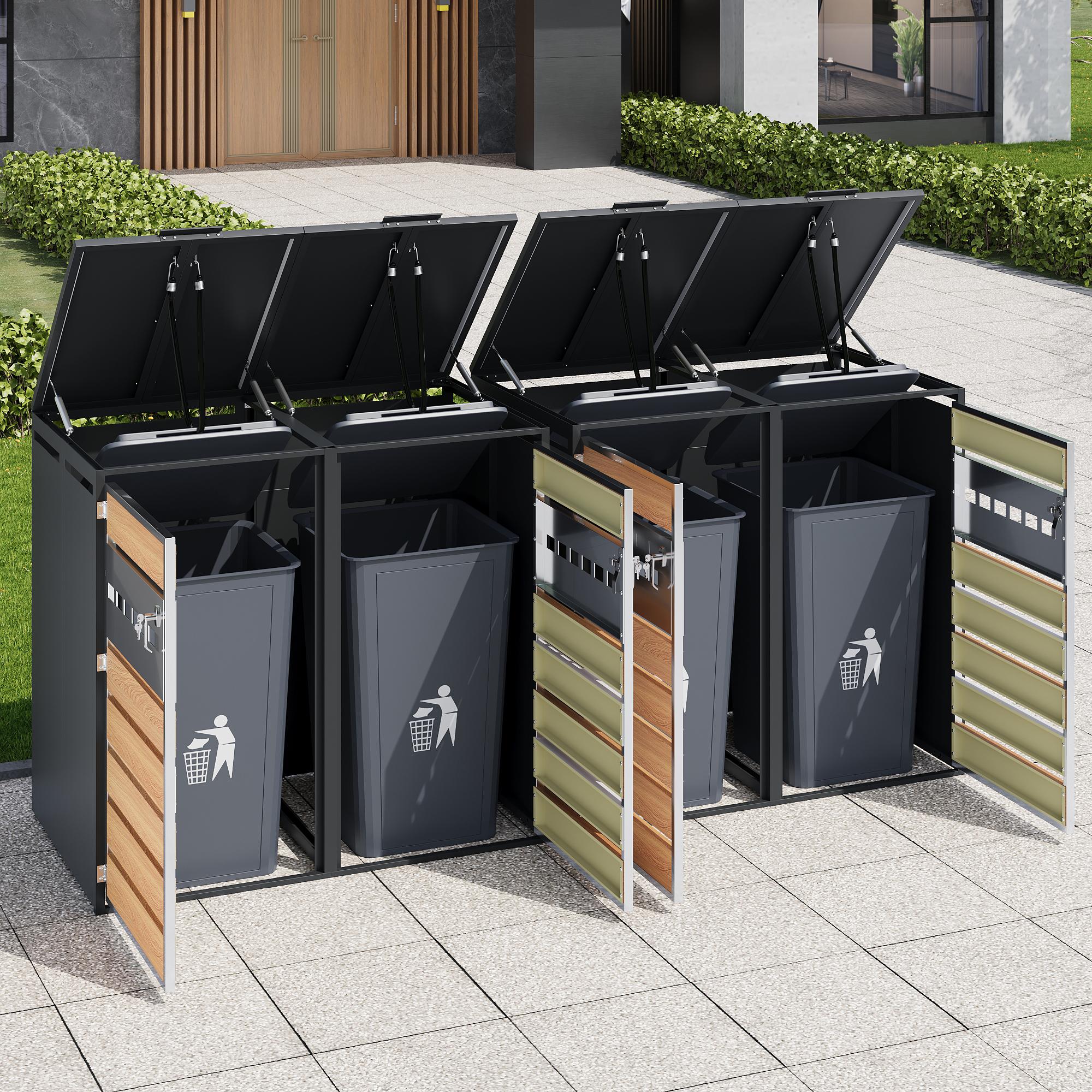 STILVORA Mülltonnenbox mit hydraulischem Klappdeckel und 4-facher Mülltrennung, Abfalltonnenschrank abschließbar mit Belüftungsdesign und Vier-Türen, Mülltonnenverkleidung aus verzinktem Stahl wetterfest und langlebig, Holzoptik