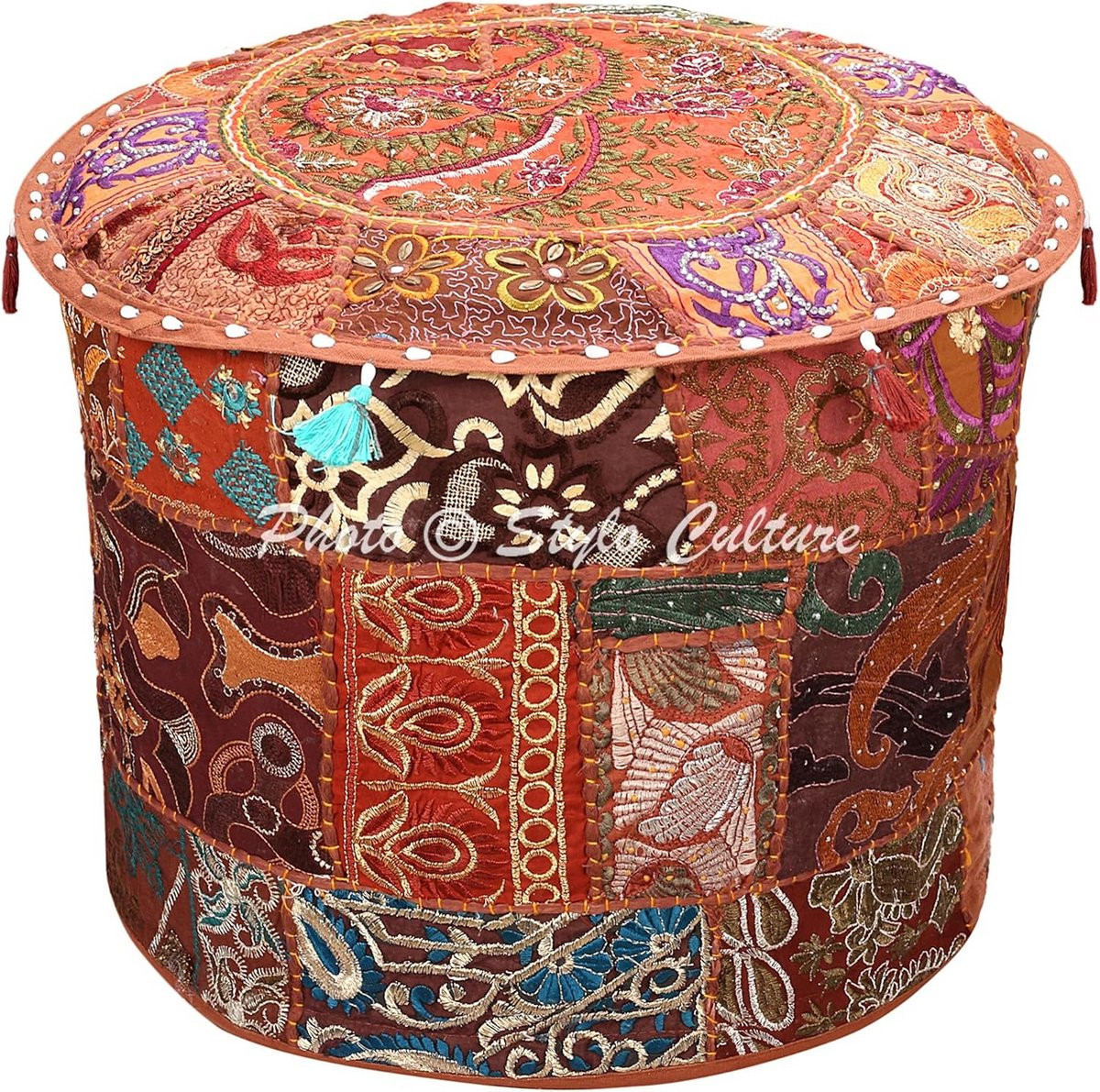 Ronde Ottomaanse Poef Hoes Bruin Geborduurd Patchwork Katoen - Grote Voetbank Cover