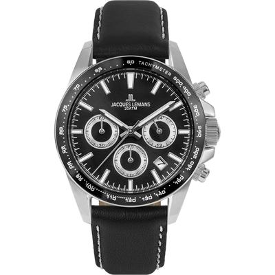 Chronograph JACQUES LEMANS "Liverpool", schwarz (schwarz, schwarz), Armbanduhren, Herren, silberfarben, Chronograph, Quarzuhr, Armbanduhr, Herrenuhr, Lederarmband, Datum