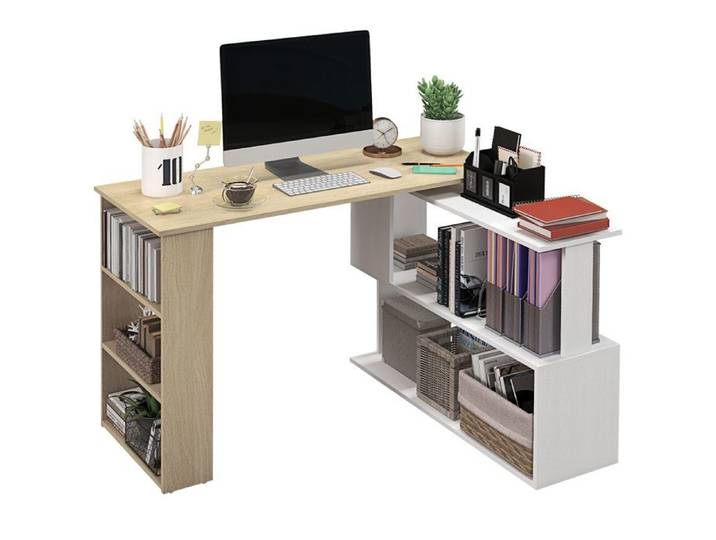 Bureau d'angle bureau informatique modulable bibliothèque intégrée + étagère 3 niveaux blanc et bois naturel