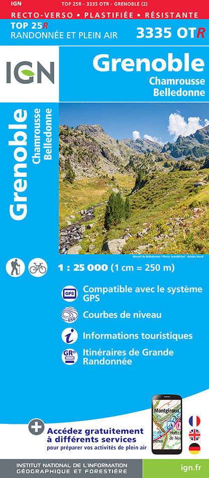 Carte de randonnée IGN TOP 25 n° 3335 OTR (résistante) - Grenoble, Chamrousse, Belledonne