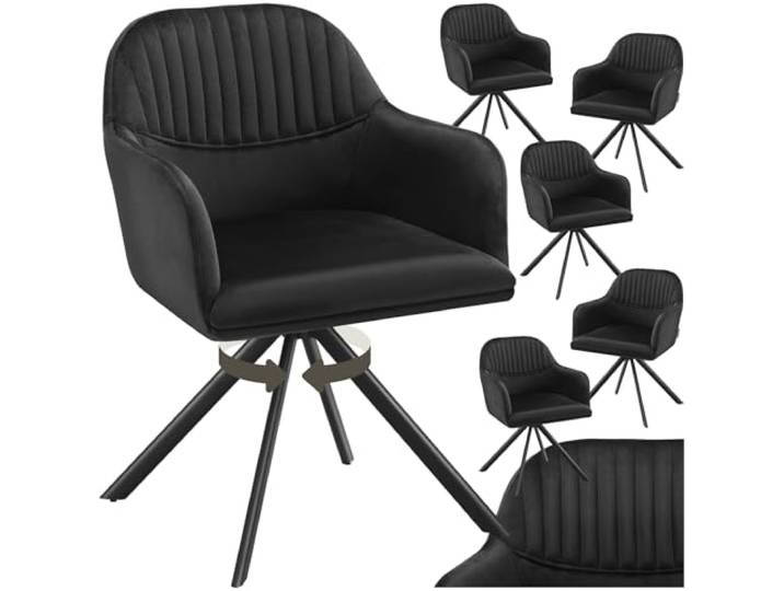 tectake® 6 x Esszimmerstuhl drehbar, Armlehnstuhl drehbar, ergonomischer Stuhl Samt, Stühle für Esszimmer, Möbel für Wohnzimmer, Arbeitszimmer, Esstisch, Schminktisch - 6er Set - schwarz/schwarz