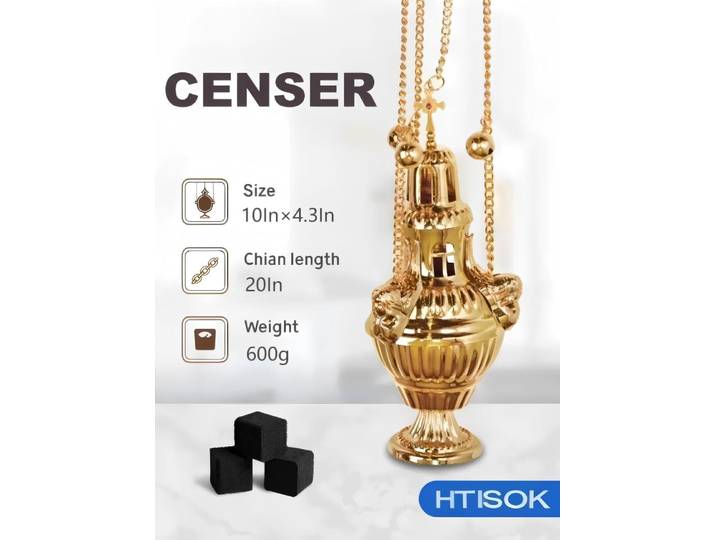 HTISOK Encensoir orthodoxe avec chaîne et cloches Alliage de zinc plaqué or Cérémonie d'autel d'église Brûleur d'encens avec design traditionnel