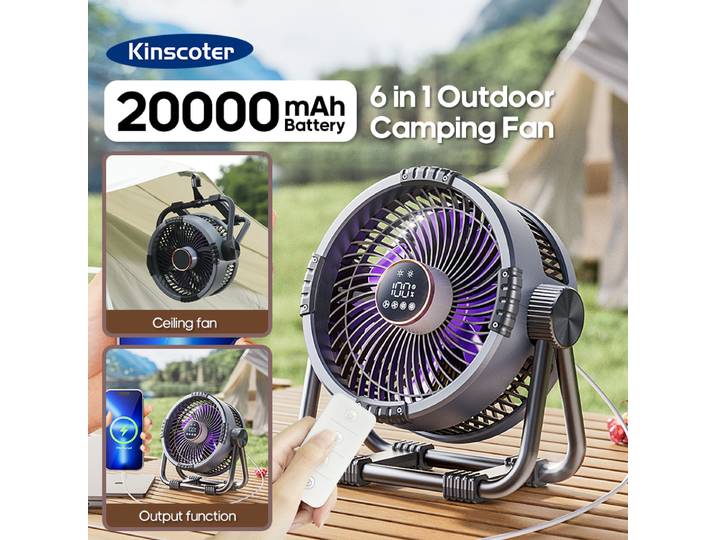 Ventilateur de camping portable 6 en 1, 20000 mAh, rechargeable, sans fil, pour tente, plafond, 4 vitesses réglables, éclairage LED, batterie externe