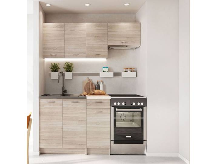 Cuisine complète L 180cm 5 éléments couleur chêne sonoma plan de travail inclus Mila