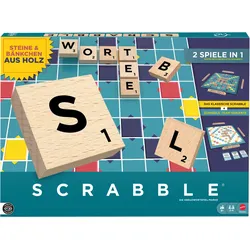 Scrabble Brettspiel, Familienwortspiel mit Buchstabensteinen und Buchstabenbänkchen, zwei Spielmöglichkeiten, deutsche Ausgabe