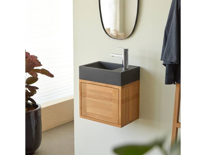 Badunterschrank aus massivem Teakholz und Marmor black Basic - Schwarz - Teak