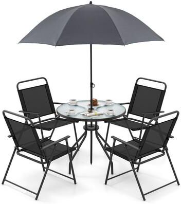 Costway 6 Pieces Patio Dining Set Folding Chairs Glass Table Tilt Umbrella for Garden-Gray