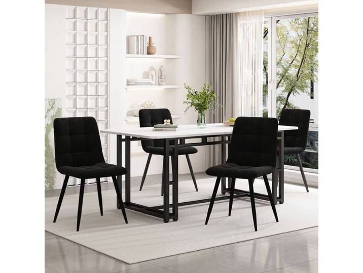 Table a Manger avec 4 Chaise 140X80 cm Ensemble Table et Chaises Salle a Manger en Velours Noir Table a Pieds en Fer Doré
