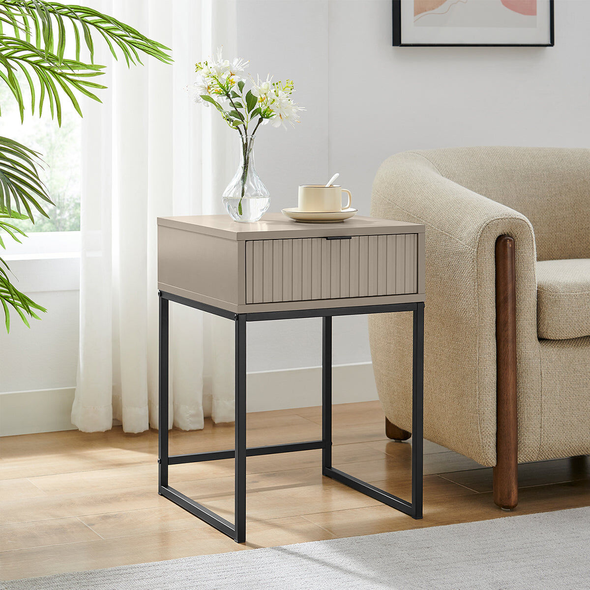 One Drawer Bedside Table - Hesley Taupe Stone Range Metal, Wood