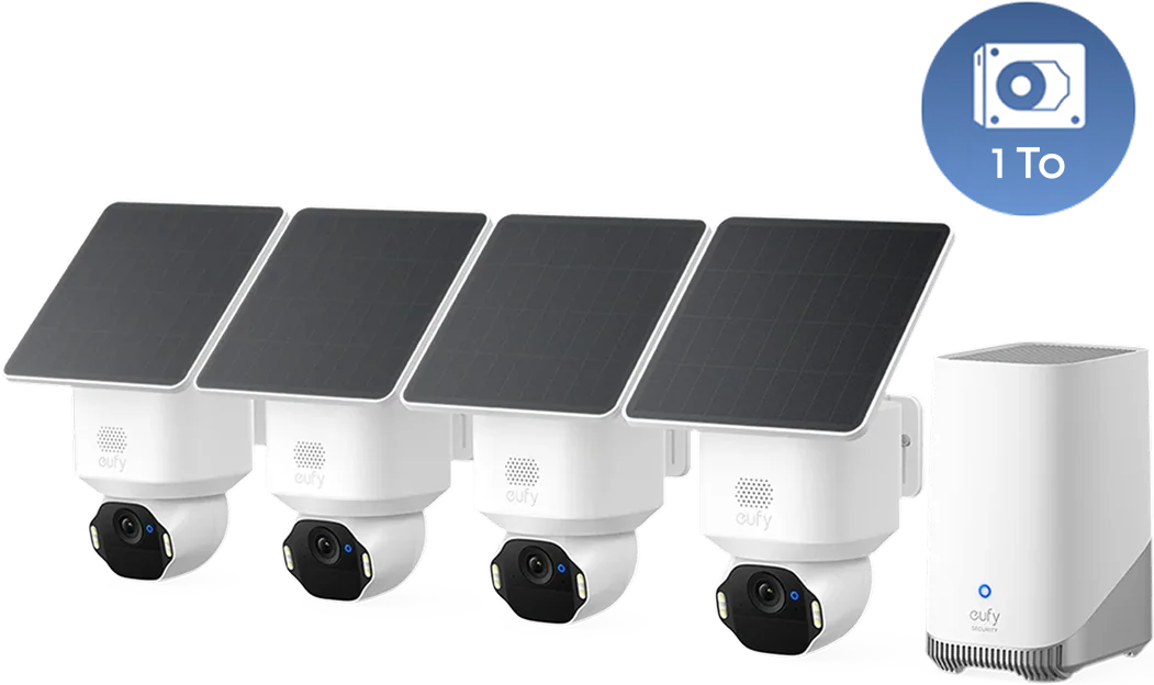 Kit de 4 caméras eufy Security SoloCam E42(HomeBase S380) + Disque dur 1 To Kit de 4 caméras eufy Security SoloCam E42(HomeBase S380) + Disque dur 1 To & Smart Display