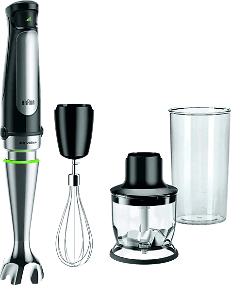 Batidora de mano - Braun Minipimer 7 MQ7025X, 1000 W, Vaso 0.6 l, ActiveBlade, Easy Click Plus, SplashControl, 3 accesorios + Picadora, Negro/Acero