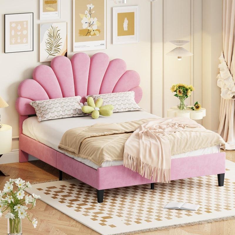 Doppelbett, 140x200 cm, mit blumenförmigem Kopfteil und weicher Samtbezug, gepolstert