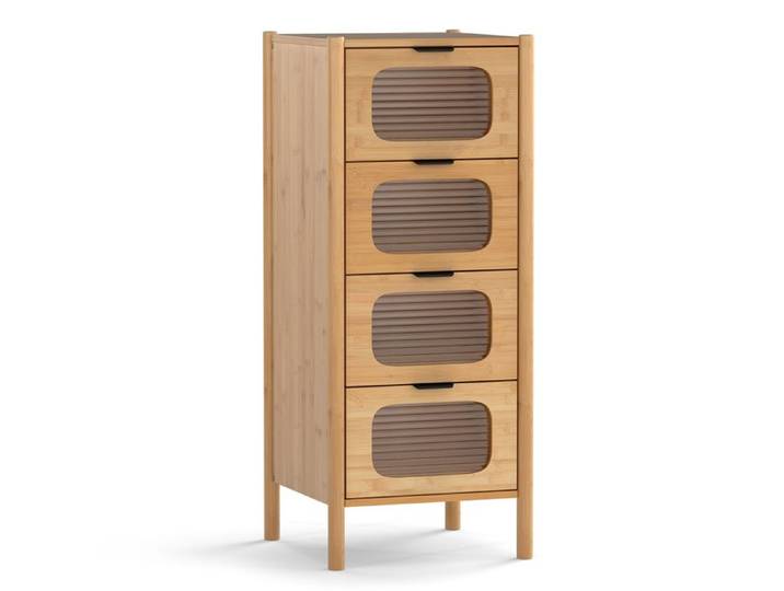GOPLUS Commode à 4 Tiroirs en Verre Trempé Cannelé et Poignées en Métal Noir Commode en Bambou Naturel-40×40×97CM