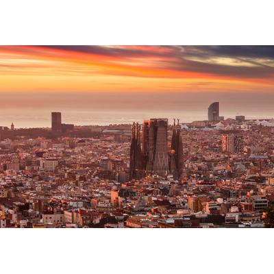 Fototapete PAPERMOON "BARCELONA-STADT SPANIEN SAGRADA FIMILIAR SKYLINE MEER", bunt, B:3m L:2,23m, Vlies, Tapeten