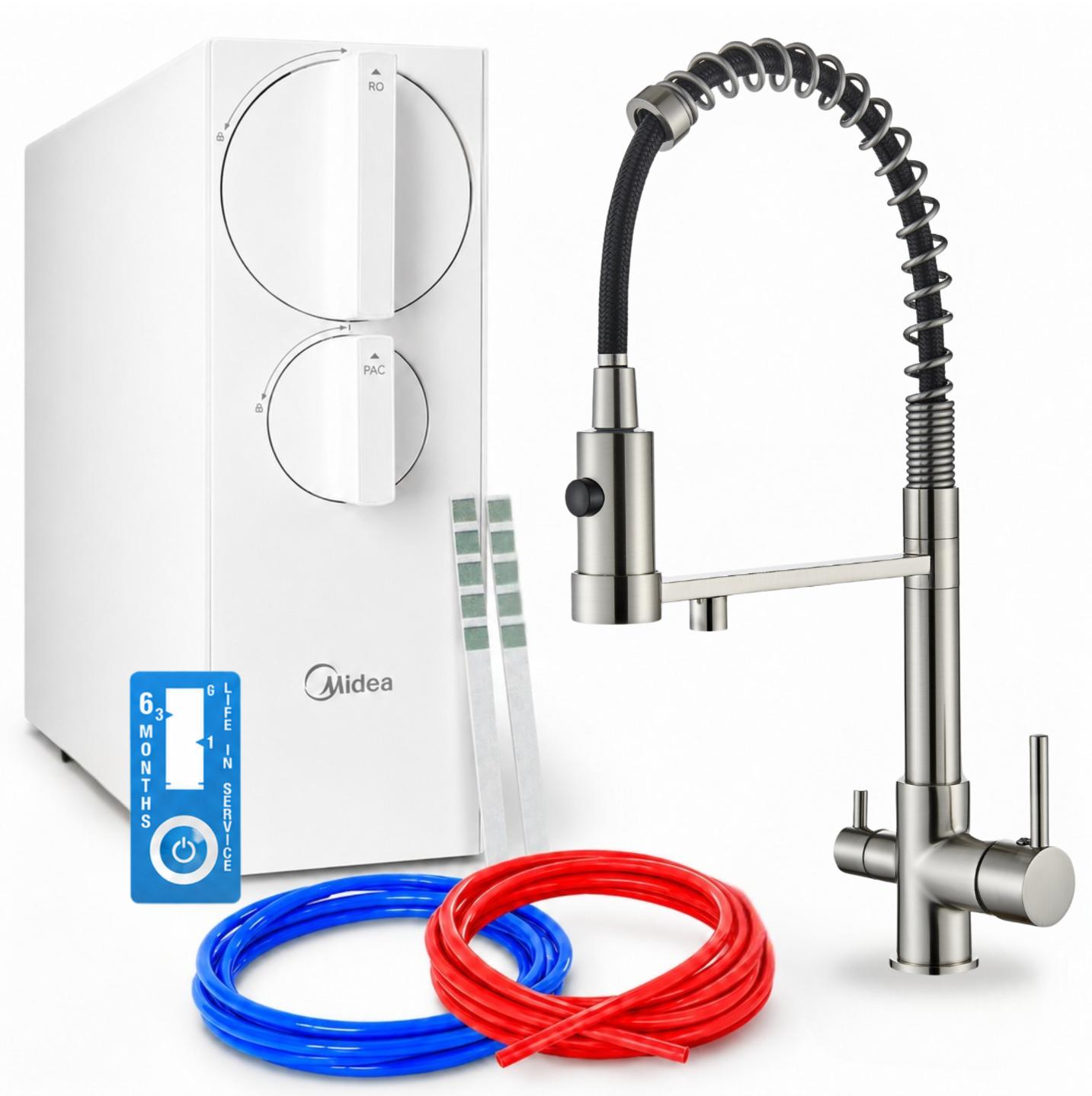 Umkehrosmose-Wasserfiltersystem Ari Solid Spring, 800 Gpd, Tanklos, 3-Wege-Küchenarmatur, Zweigriffarmatur, Messing, Inox, Perlator, Keramikkartusche