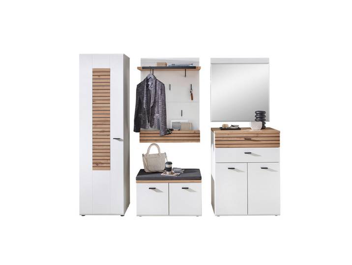 Livetastic Garderobe, Weiss, Eiche Artisan, Schwarz, Glas, Holzwerkstoff, 5-teilig, 245x201x40 cm, Garderobe, Garderobensets & -serien, Garderoben-Set