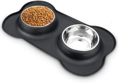 Youfap Market Double Dog Bowl Stainless Steel Pet Feeding Station With Non Slip Silicone Mat black l