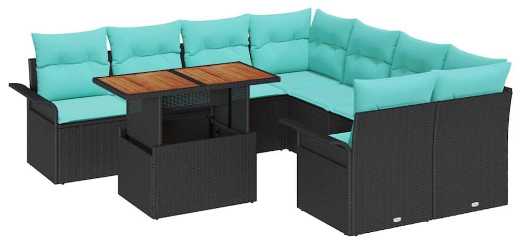 Garten-Sofa-Set mit Speicher 9 pcs Schwarz Poly Rattan