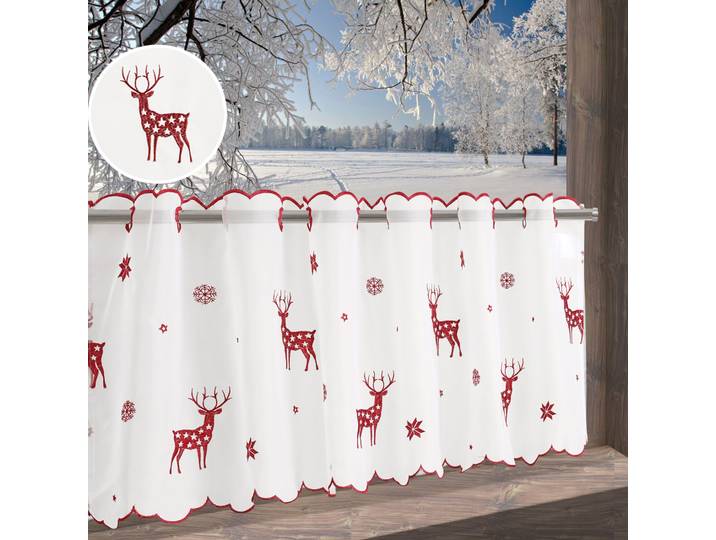 Scheibengardine GOODPRODUCT Elch Gr. 2, rot, B:120cm H:30cm, Voile, Polyester, Gardinen, Scheibengardine, Mit Rentieren, Sternen und Schneeflocken bestickt