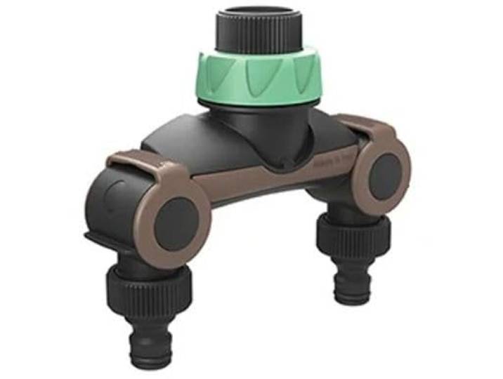 G.F., 2 uitgangen kraanaansluiting van gerecycled plastic met autonome stroomregelaar voor uitgang, Ø 3/4 inch, ideaal voor het aansluiten van meer accessoires op de watertoevoer. Made in Italy.