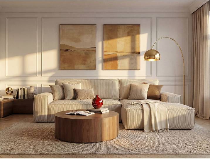 Ecksofa mit Schlaffunktion - Ecke Rechts - Cord - Beige - AMELIA