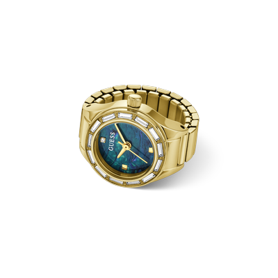 Uhrenring GUESS "ESME", gelbgoldfarben, blau, goldfarben ø ca. 15 mm, blau, Armbanduhren, Damen, goldfarben, Quarzuhr, Damenuhr, Edelstahlringschiene, Ø ca. 15 mm, analog