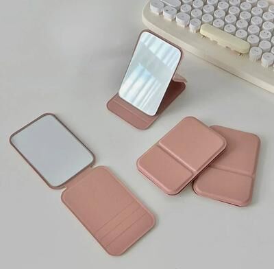 Uplift Picks Solid Color PU Leather Foldable Makeup Mirror Portable Compact Travel Beauty Accessory Students pink 1 Pc