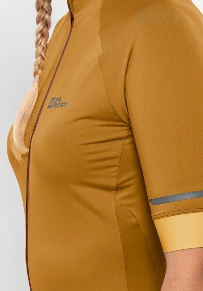 Fahrradjacke JACK WOLFSKIN "GRAVEX FZ S/S W", Damen, Gr. XS, braun (salted, caramel), Obermaterial: 82% Polyester, 18% Elasthan. Innenmaterial: 100% Polyester, Jacken Fahrradjacke, für Erwachsene, elastisches Material, aus Polyester und Elasthan salted, c