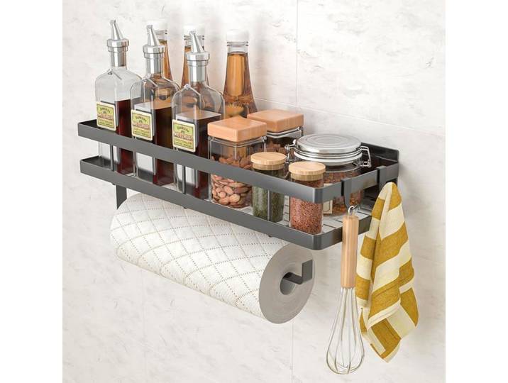 Etagere Murale Cuisine Rangement Epices Cuisine avec 4 Crochets et Porte-Rouleau de Cuisine étagère Murale sans M MEUBLE A EPICES