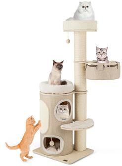 Costway 61 Inches Cat Tree for Indoor Cats with 2-stoery Condo and Top Perch-Natural